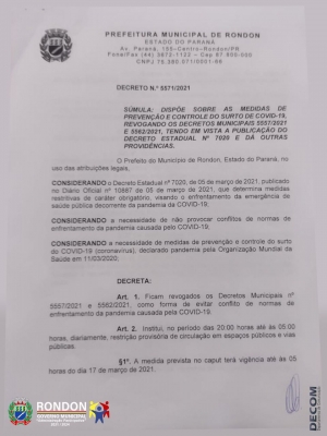 NOVO DECRETO MUNICIPAL 5571/2021