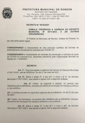 ATENÇÃO RONDON - NOVO DECRETO MUNICIPAL N° 5616/2021