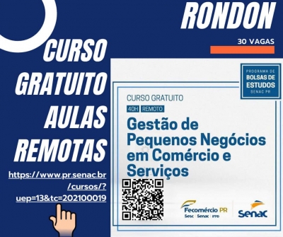 MUNICÍPIO DE RONDON FAZ PARCERIA COM SENAC E OFERECE CURSO GRATUITO