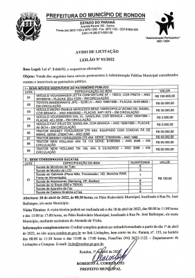 AVISO DE LICITAÇÃO - LEILÃO Nº 01/2022