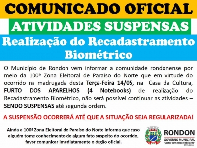 Atividades Suspensas do Recadastramento Biométrico Até Segunda Ordem!