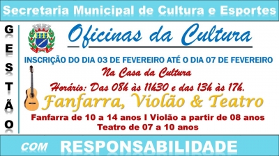 Inscrições para as Oficinas de Cultura iniciam em Fevereiro