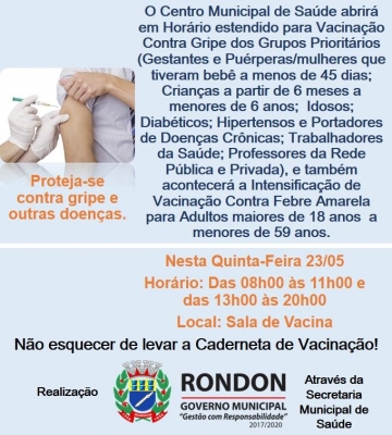 Horário Estendido para Vacinação Contra Gripe e Febre Amarela - Nesta Quinta-Feira