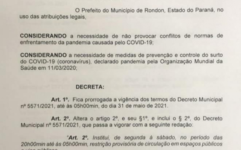 ATENÇÃO RONDON - NOVO DECRETO MUNICIPAL N° 5616/2021