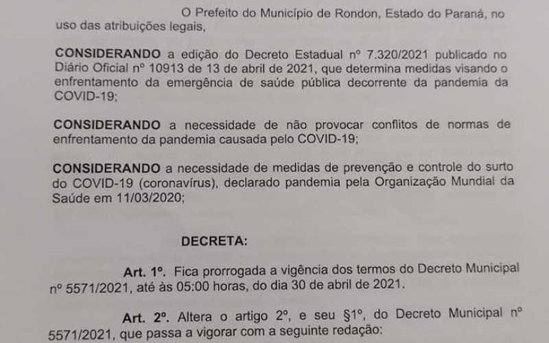 NOVO DECRETO MUNICIPAL N° 5598/2021