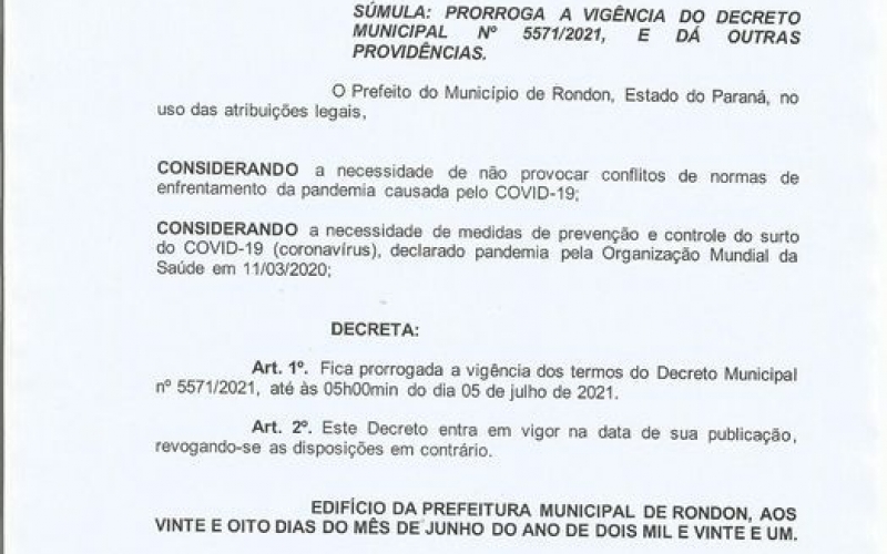 PRORROGAÇÃO DO DECRETO MUNICIPAL 5571/2021
