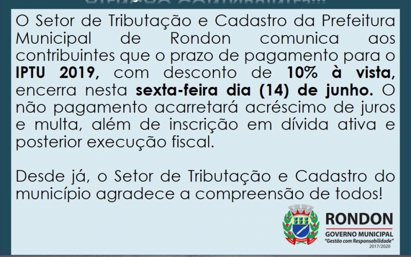 Pagamento para o IPTU com Desconto, Encerra Nesta Sexta-Feira!