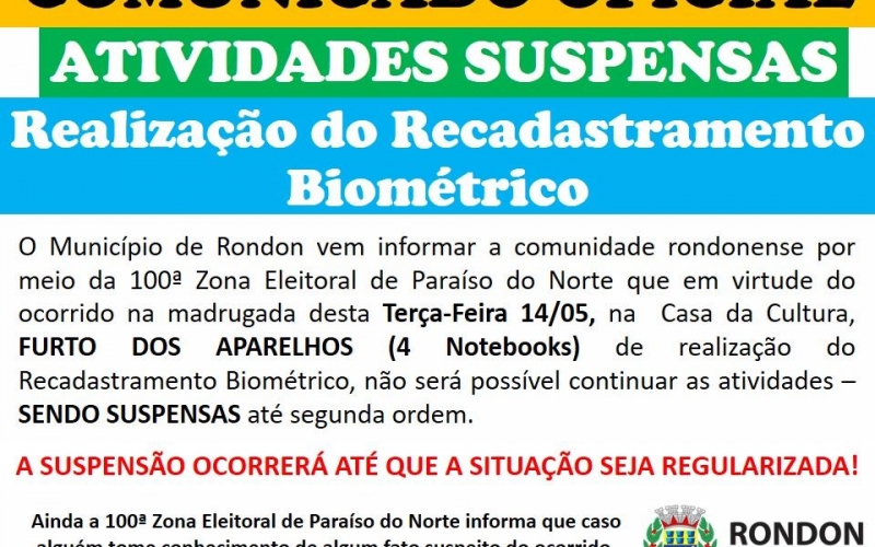 Atividades Suspensas do Recadastramento Biométrico Até Segunda Ordem!