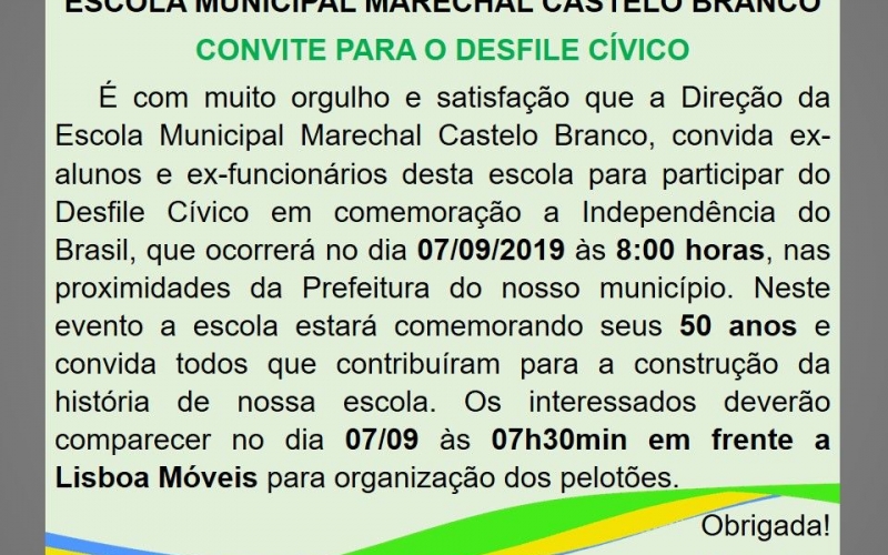 Convite Desfile Cívico Escola Municipal Marechal Castelo Branco