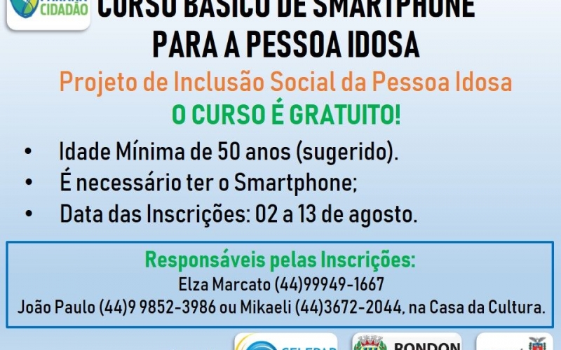 Inscrições Abertas: Curso Básico de Smartphone para a Pessoa Idosa.