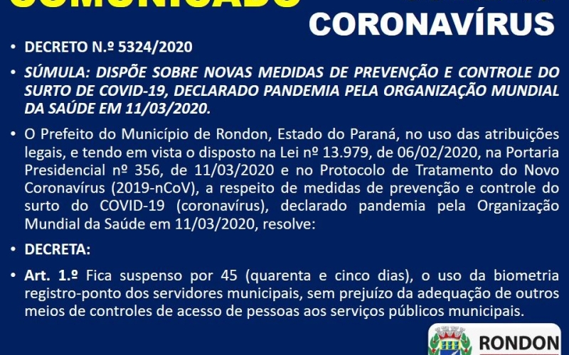 Comunicado Importante: medidas de prevenção e controle do surto de COVID-19