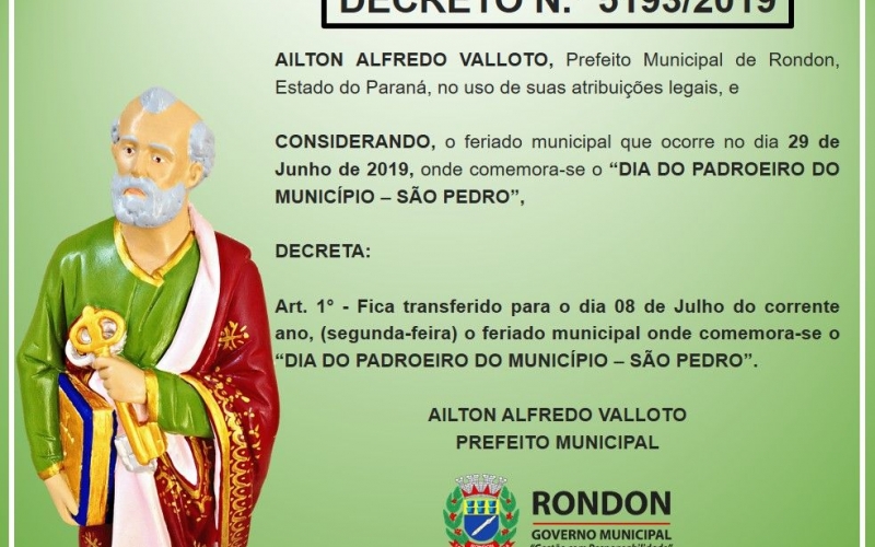 Decreto de Feriado Municipal em Alusão ao Padroeiro de Rondon 