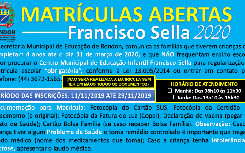 Cmei Francisco Sella Abrirá Matrícula Para o Ano Letivo de 2020