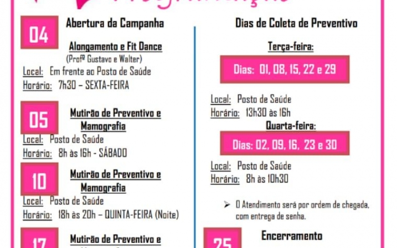 Programação Especial Outubro Rosa, destinado à saúde da mulher, segue com diversas atividades.
