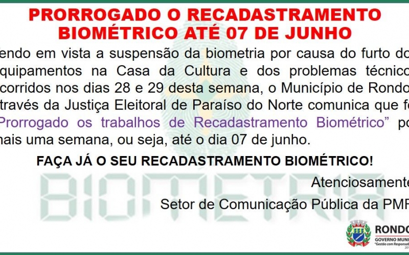 Recadastramento Biométrico Prorrogado até 07 de Junho