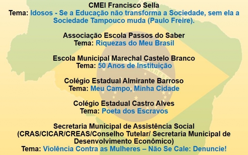 Temas das Instituições e Entidades - Desfile Cívico