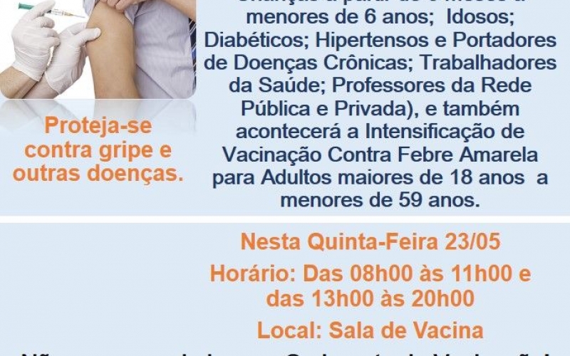 Horário Estendido para Vacinação Contra Gripe e Febre Amarela - Nesta Quinta-Feira